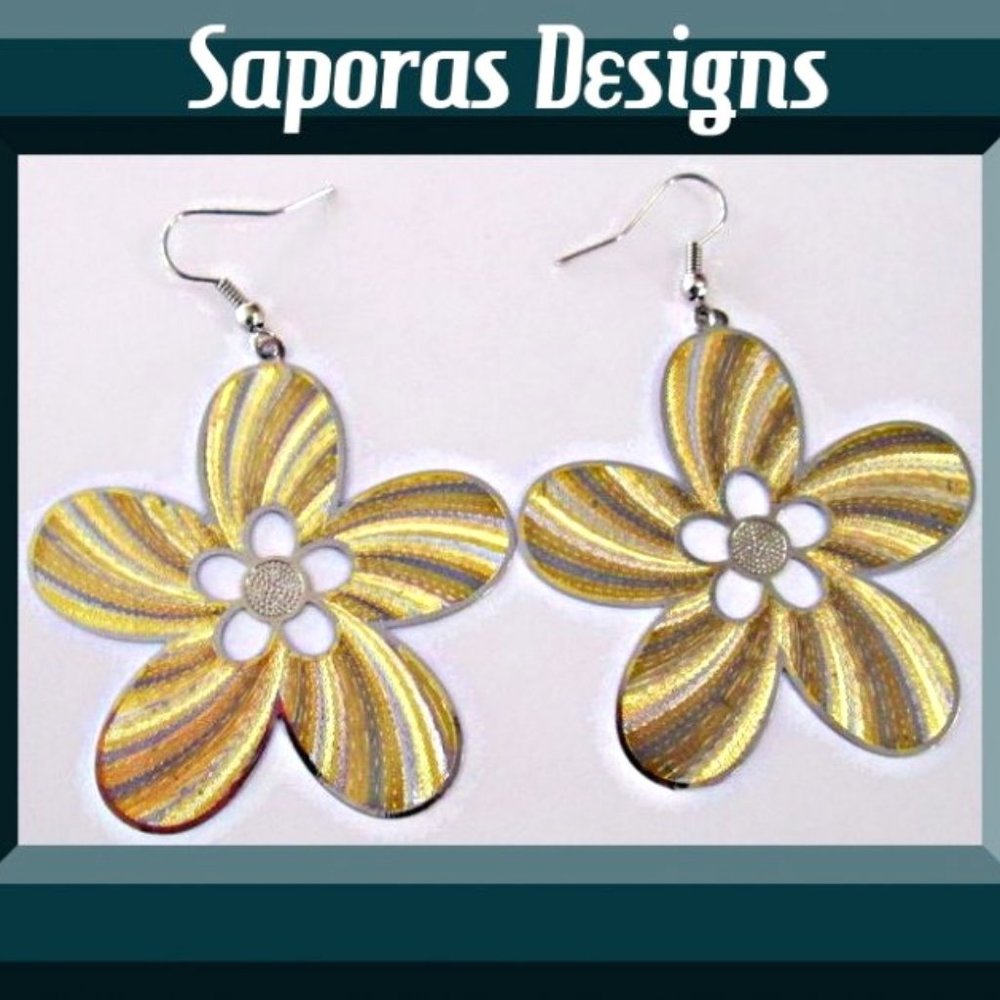 Gold & Silver In Color Dangle Flower Design Earrings